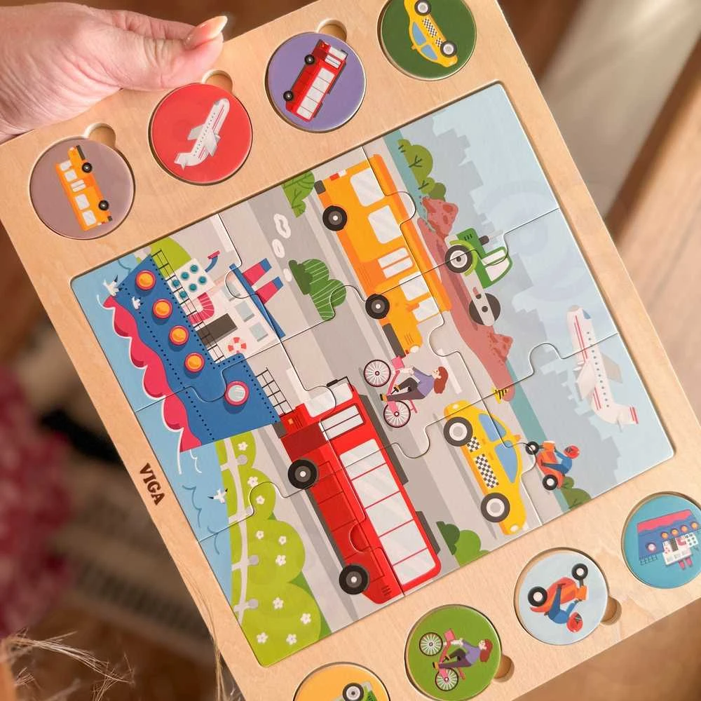 Viga Toys VIGA Medinė Dėlionė Spėk pagal Šešėlį - Transporto Priemonės 17 el.