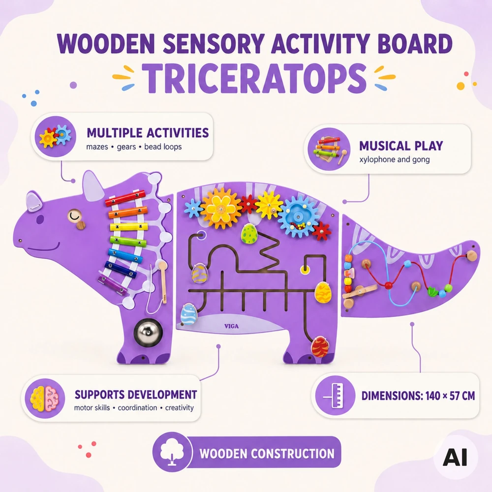 Viga Toys Viga Žaislai Medinė Manipuliacinė Lenta Triceratops