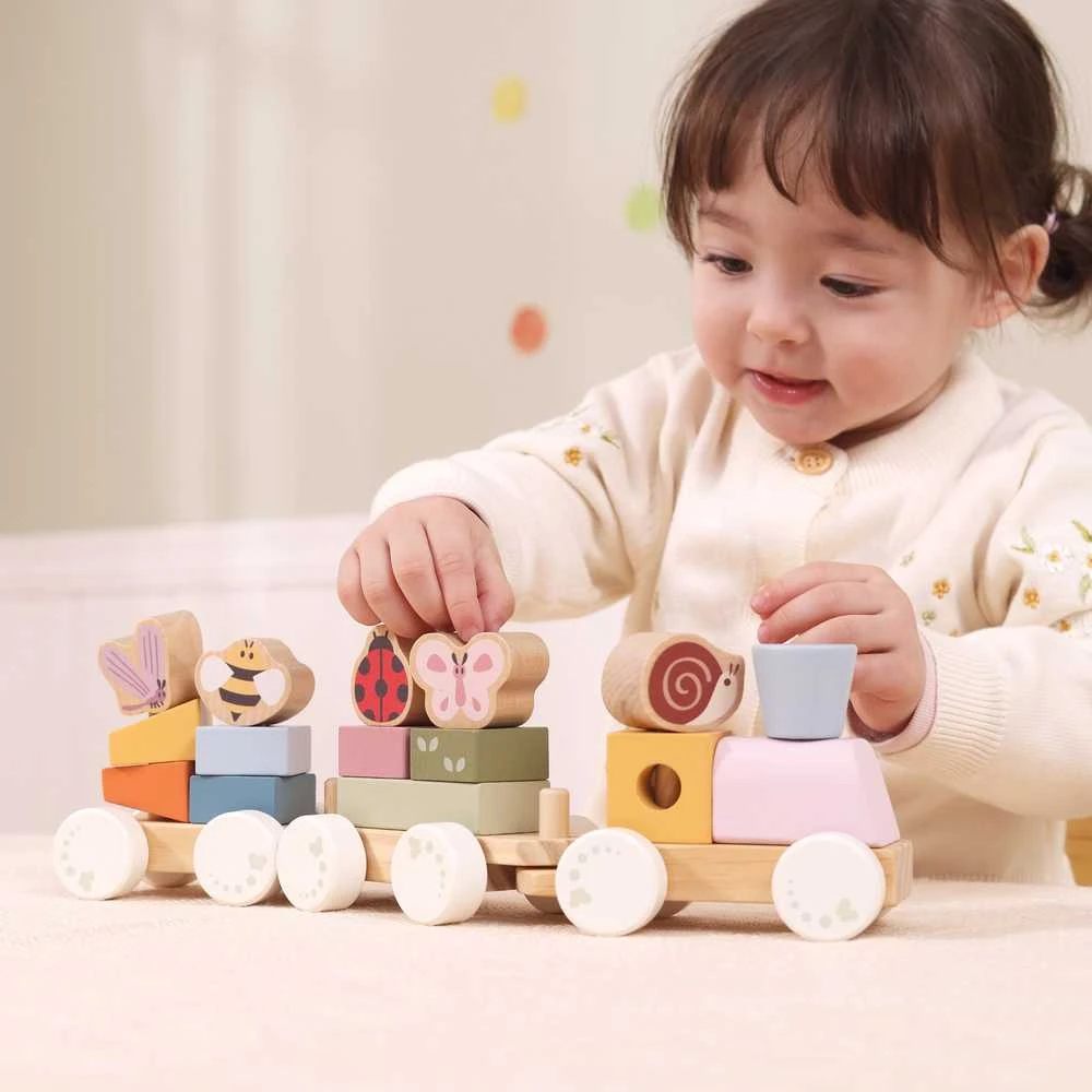 Viga Toys Medinis edukacinis pavasario traukinukas vaikams 18 dalių