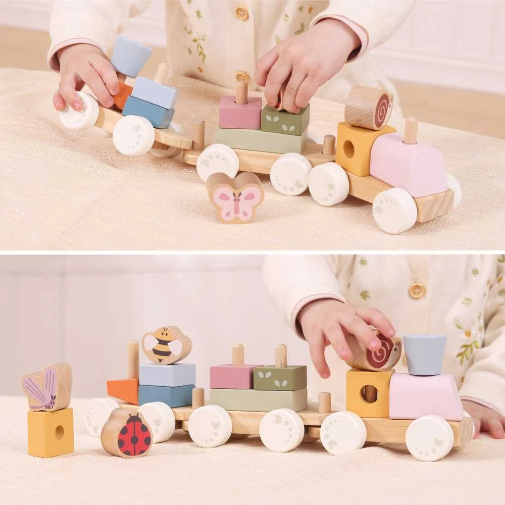 Viga Toys Medinis edukacinis pavasario traukinukas vaikams 18 dalių
