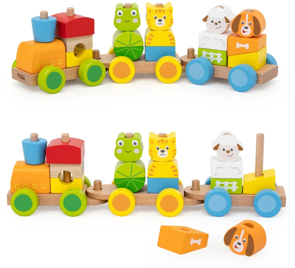 Viga Toys VIGA medinis traukinukas su gyvūnais 18 mėn 17 dalių