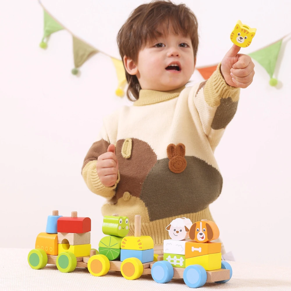 Viga Toys VIGA medinis traukinukas su gyvūnais 18 mėn 17 dalių