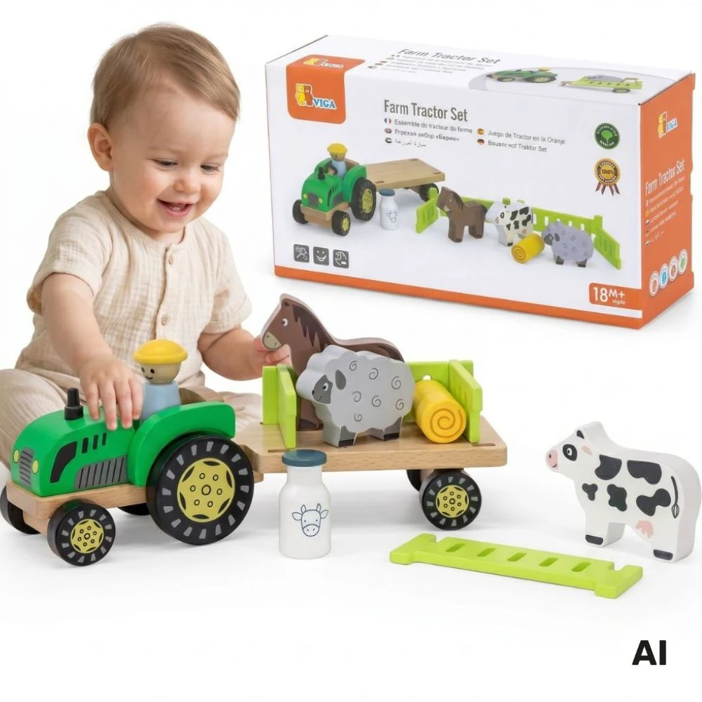Viga Toys Viga 44680 Medinis traktorius su priekaba ir gyvūnais
