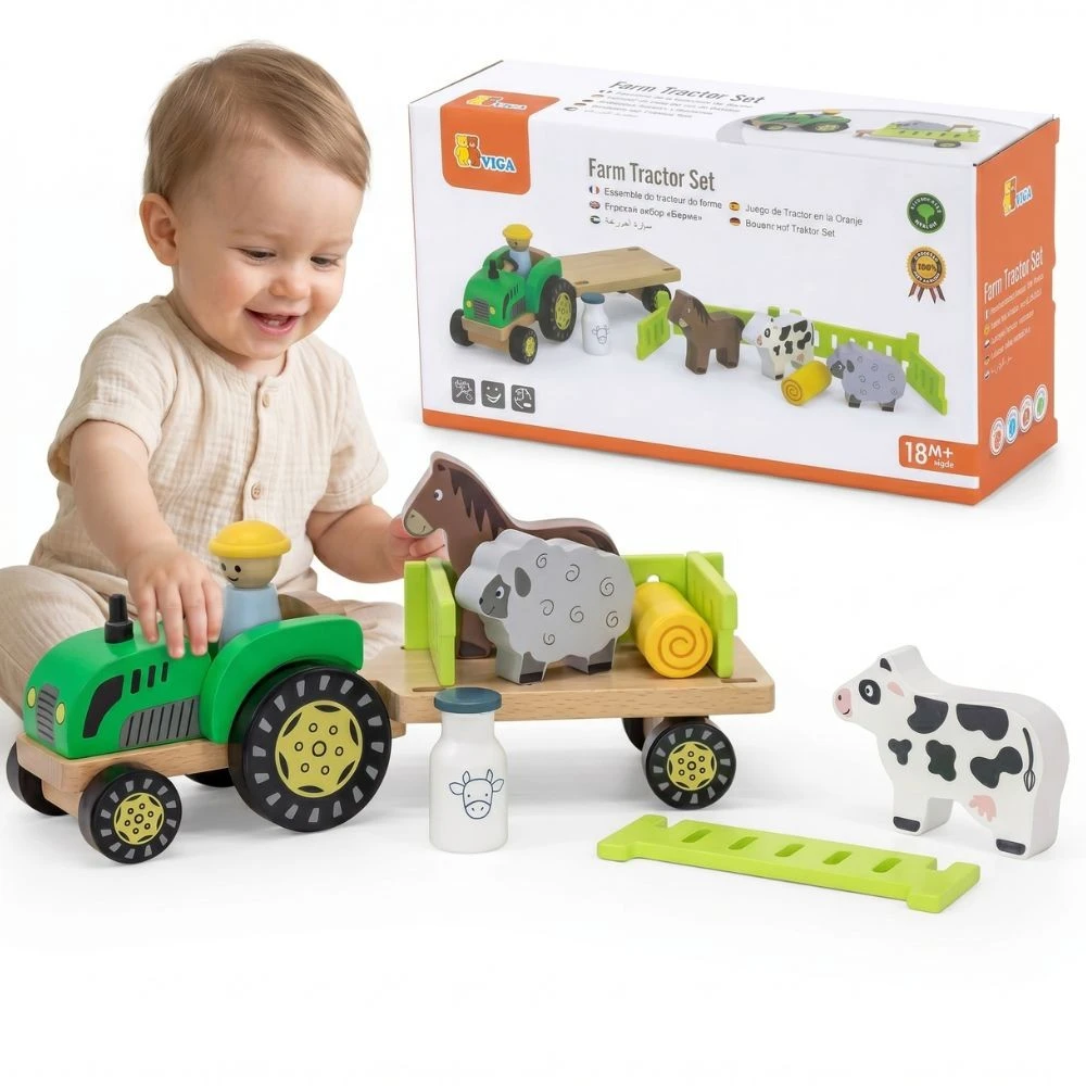 Viga Toys Viga 44680 Medinis traktorius su priekaba ir gyvūnais