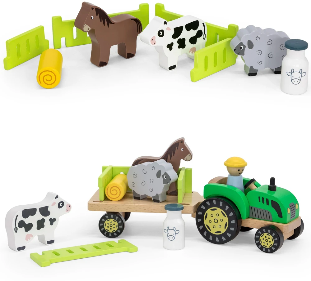 Viga Toys Viga 44680 Medinis traktorius su priekaba ir gyvūnais