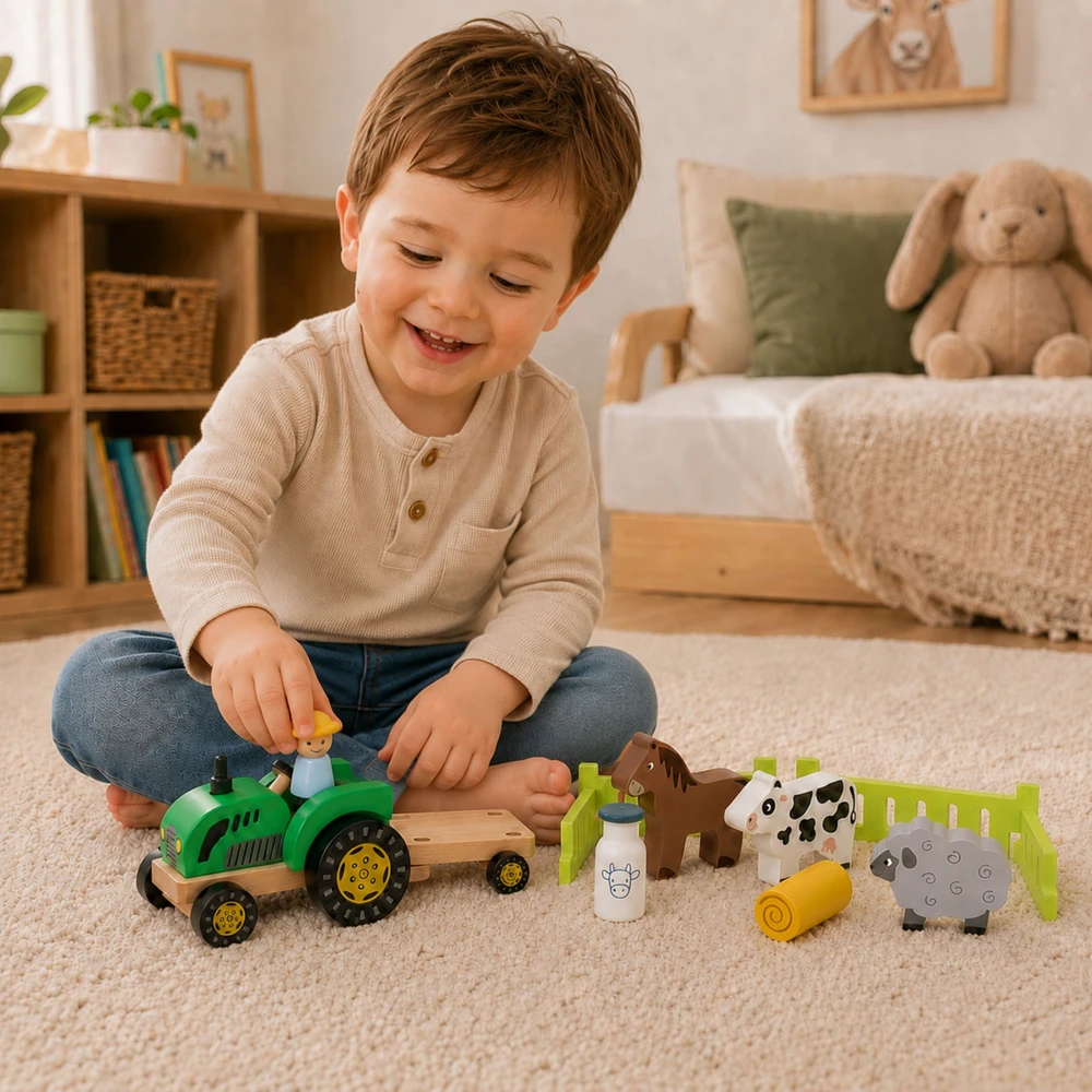 Viga Toys Viga 44680 Medinis traktorius su priekaba ir gyvūnais