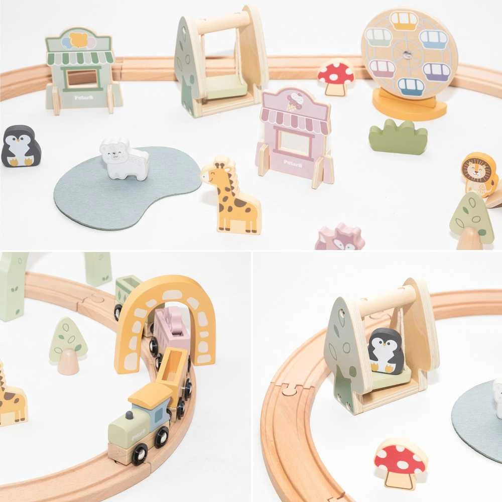 Viga Toys Medinis traukinys vaikams su bėgiais 62 dalių rinkinys
