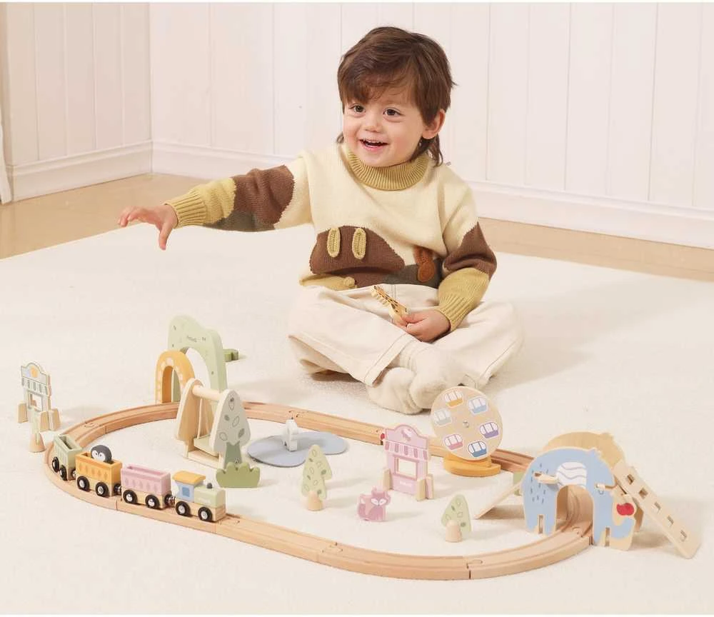 Viga Toys Medinis traukinys vaikams su bėgiais 62 dalių rinkinys