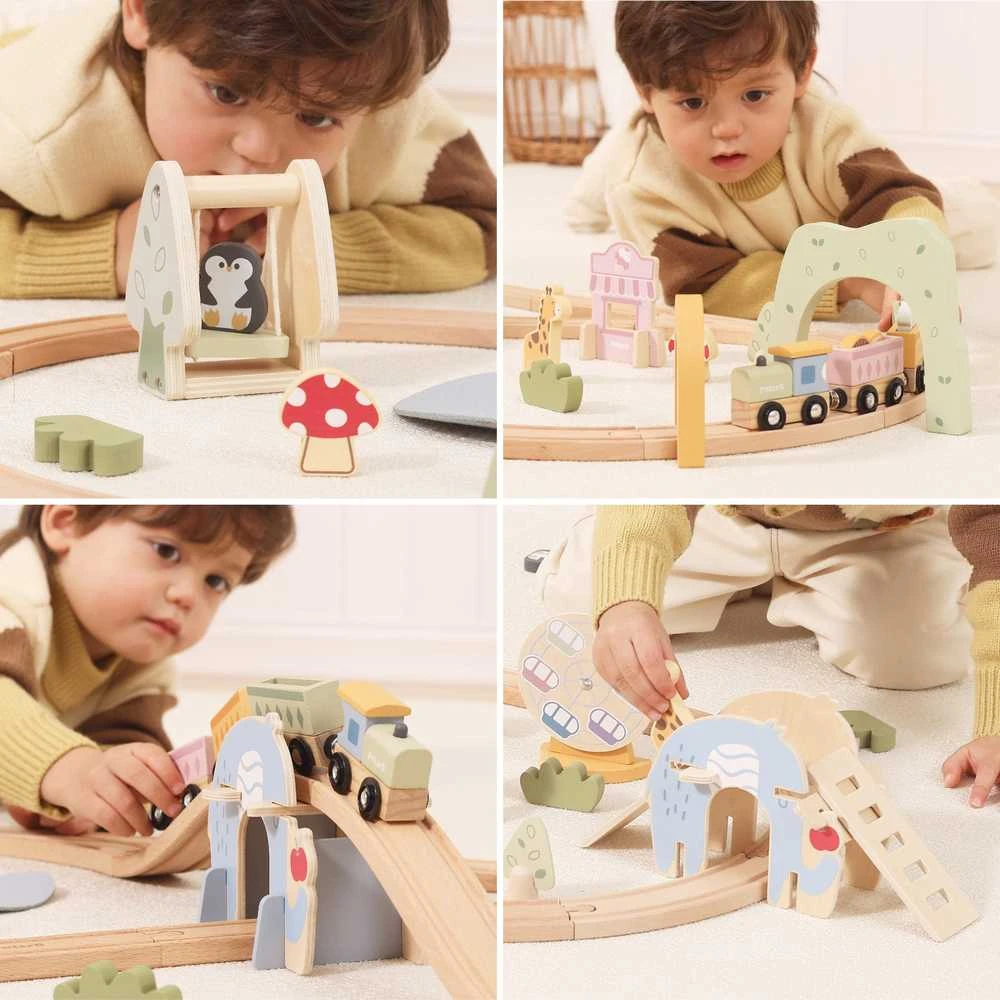 Viga Toys Medinis traukinys vaikams su bėgiais 62 dalių rinkinys