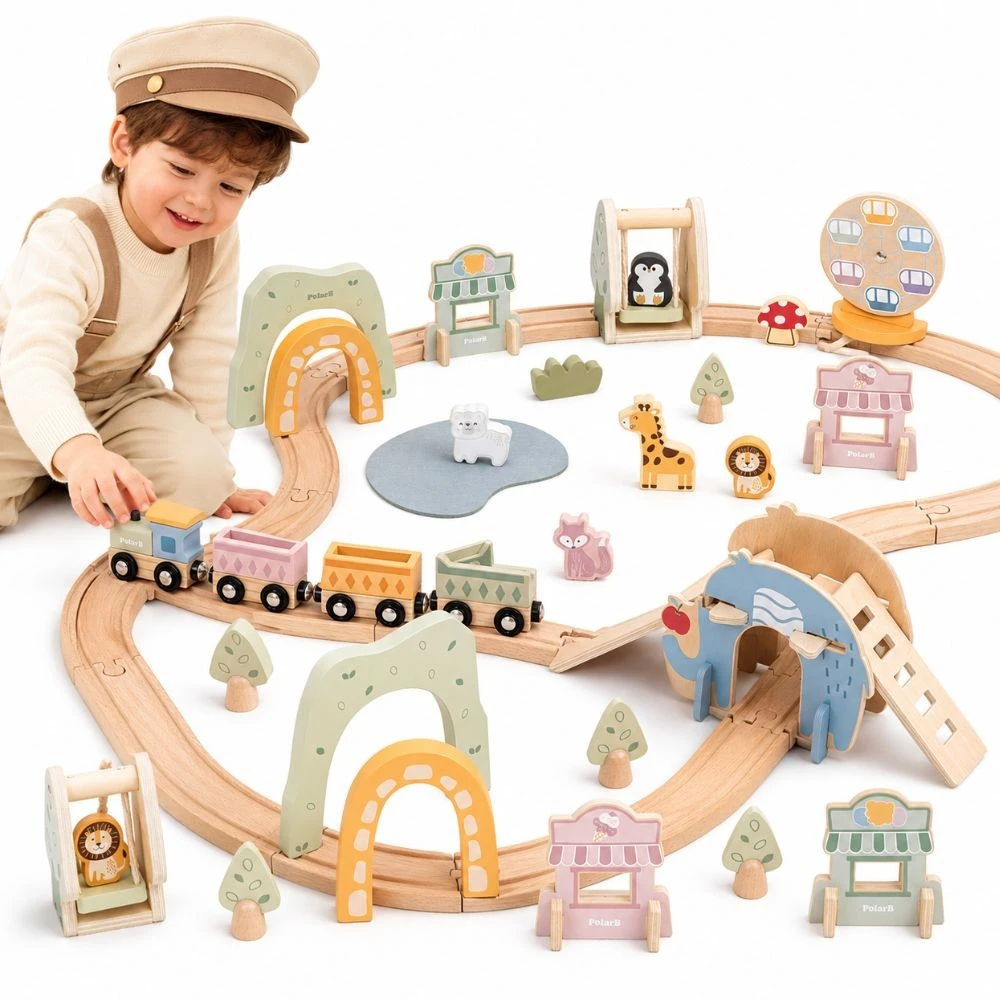 Viga Toys Medinis traukinys vaikams su bėgiais 62 dalių rinkinys