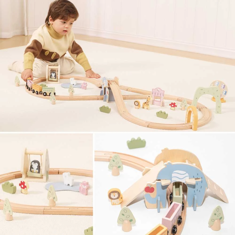 Viga Toys Medinis traukinys vaikams su bėgiais 62 dalių rinkinys