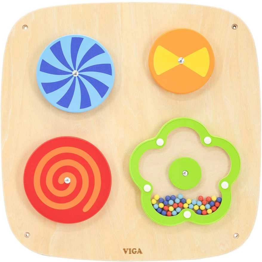 Viga Toys Medinis sieninis veiklos skydelis VIGA su besisukančiais raštais vaikams