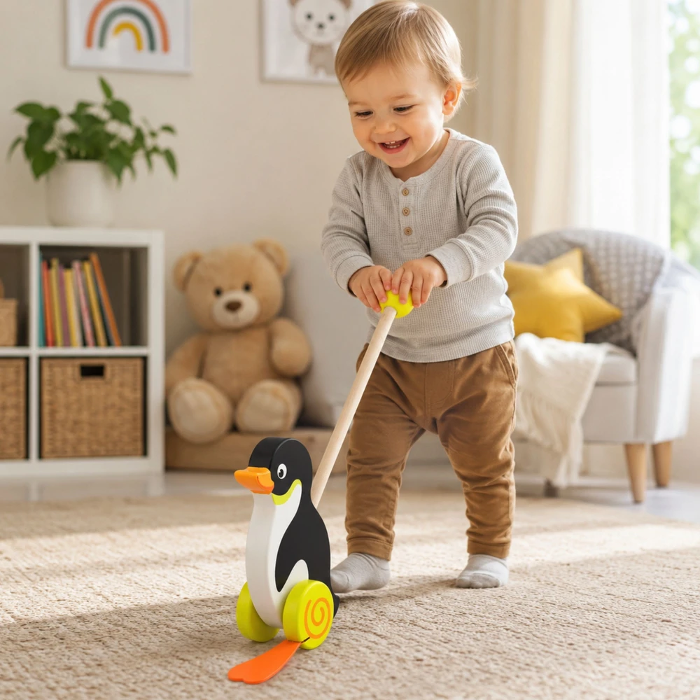Viga Toys Medinis pingvinas stumtuvas