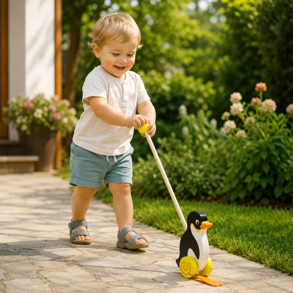 Viga Toys Medinis pingvinas stumtuvas