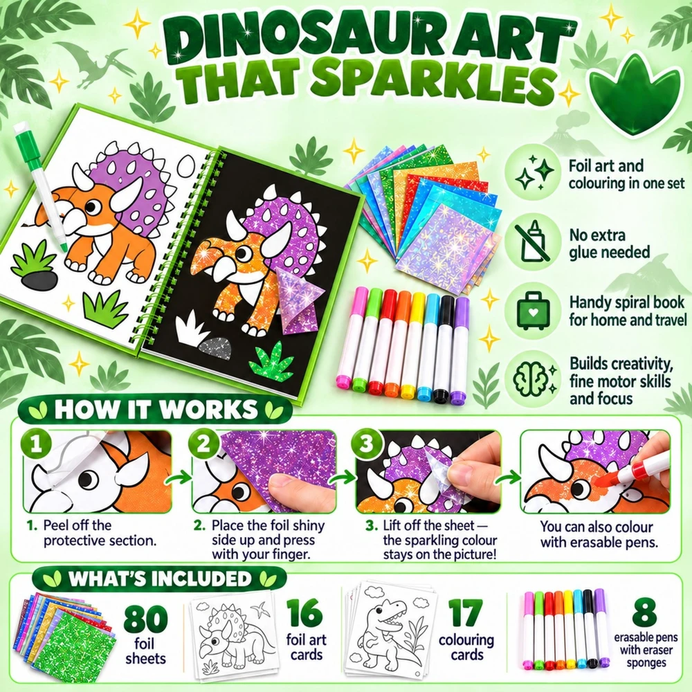 WOOPIE Art Set Foil Collage Coloring Book Dinosaur 121 pcs.