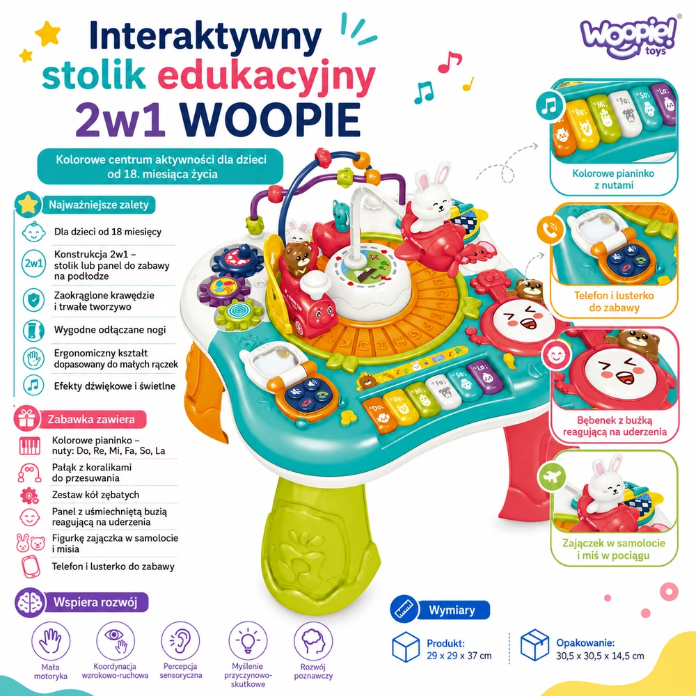 WOOPIE BABY 2 in 1 interaktyvus edukacinis stalas pianino garsai