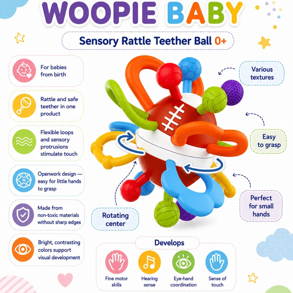 Woopie Baby WOOPIE sensorinis barškutis kramtukas kūdikiams švelnus