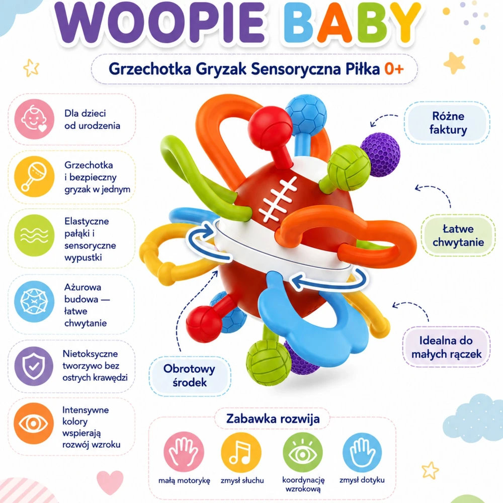 Woopie Baby WOOPIE sensorinis barškutis kramtukas kūdikiams švelnus