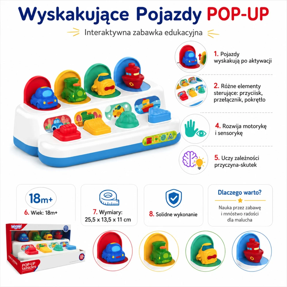 Edukacinis interaktyvus žaislas Iššokantys transporto žaisliukai WOOPIE BABY