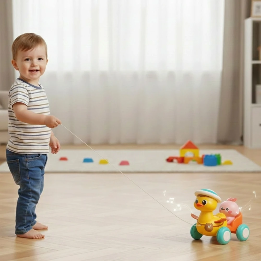 Traukiama geltona antytė su rožiniu triušiuku Woopie Baby