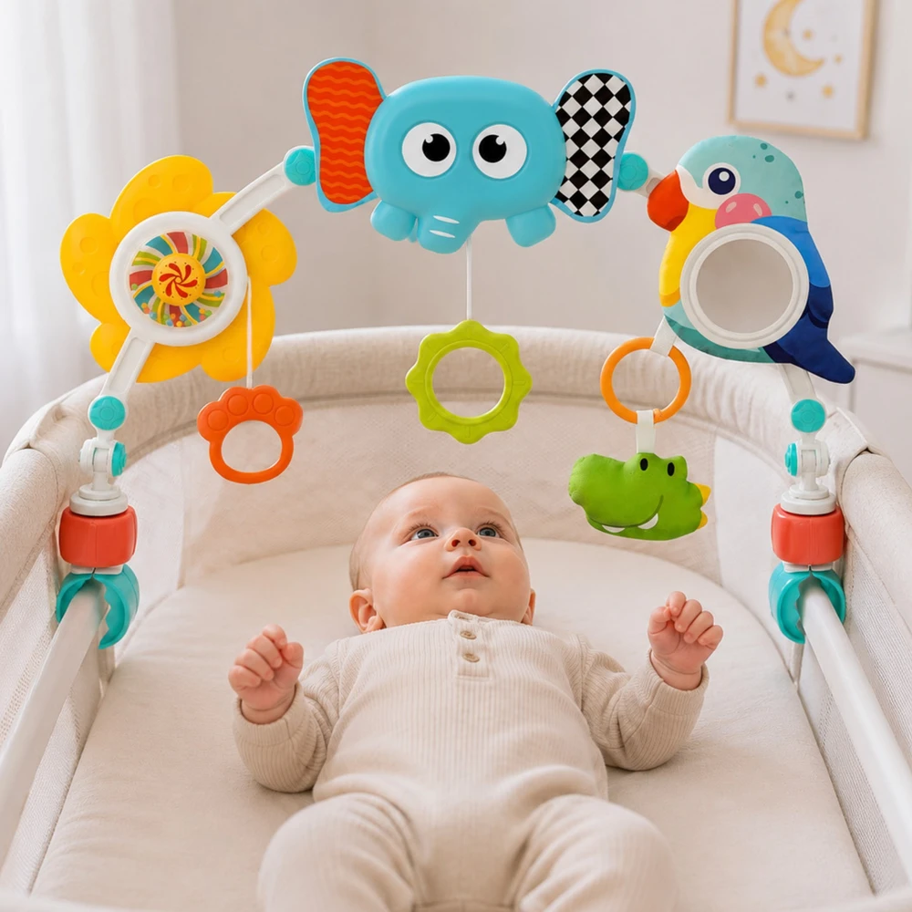 WOOPIE BABY Sensorinė arka su žaislais lovelei ir vežimėliui dramblys papūga