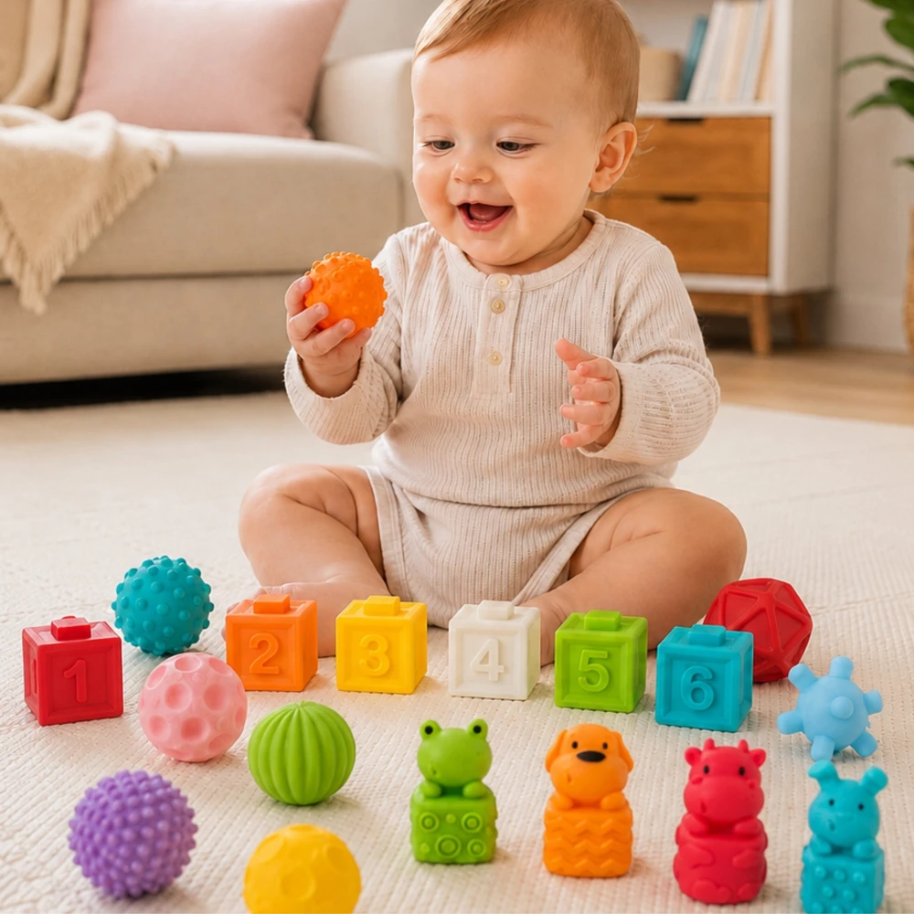WOOPIE BABY kūdikių sensorinė edukacinė kaladėlių dėlionė 20 vnt