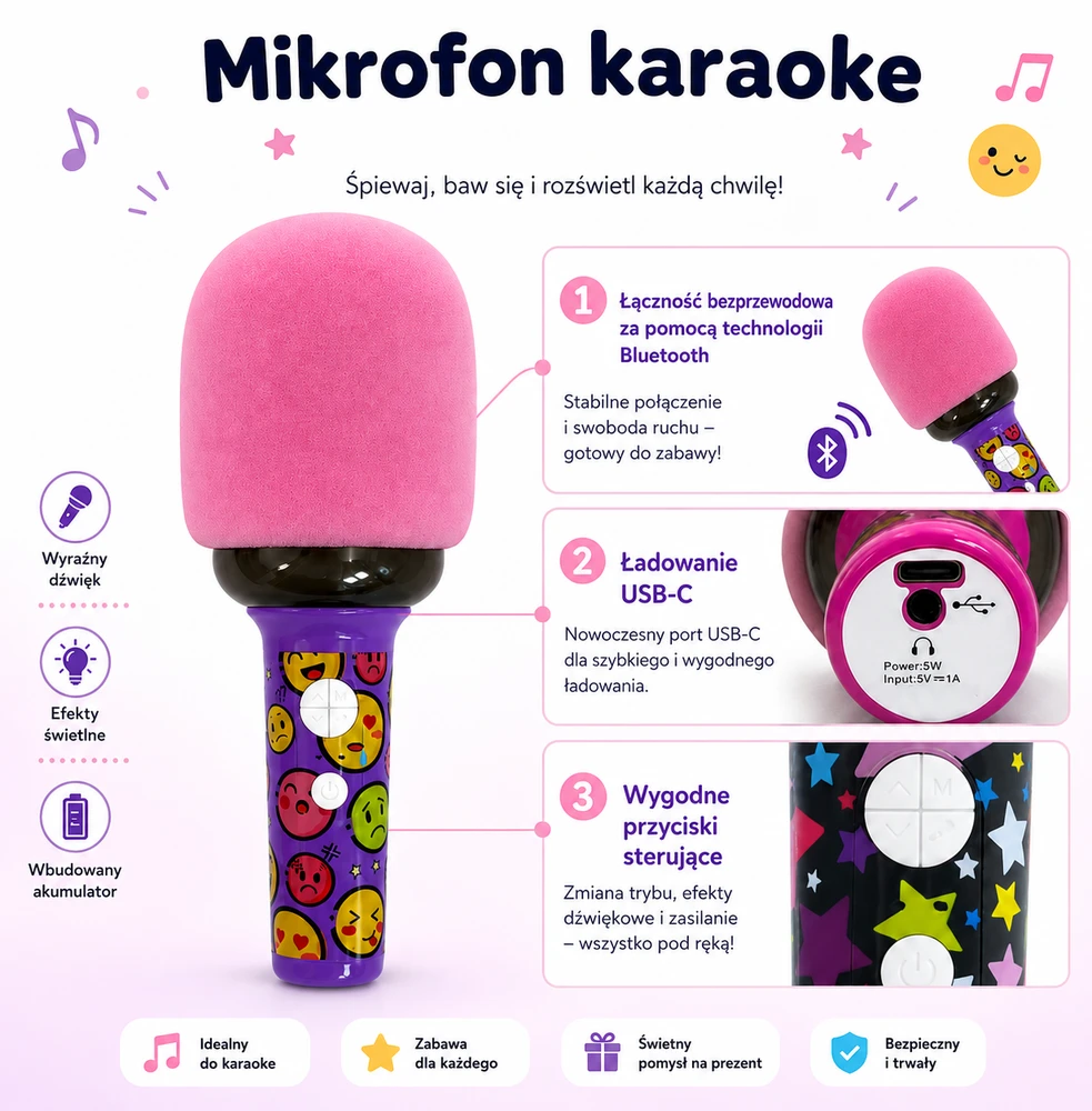 WOOPIE belaidis karaoke mikrofonas su garsiakalbiu, rožinis
