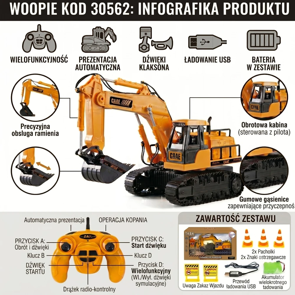 WOOPIE didelis nuotolinio valdymo ekskavatorius ant bėgių, 7 funkcijos, garsas + priedai.