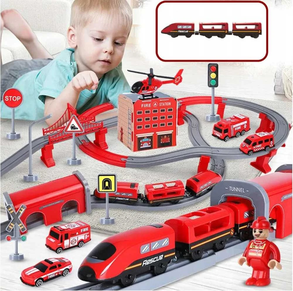 Žaislinė traukinių trasa su ugniagesių transporto priemonėmis | 92 detalės | Woopie