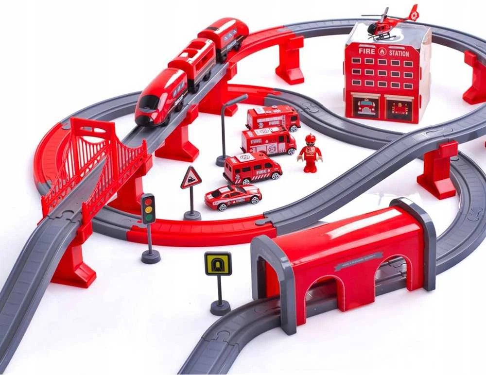 Žaislinė traukinių trasa su ugniagesių transporto priemonėmis | 92 detalės | Woopie