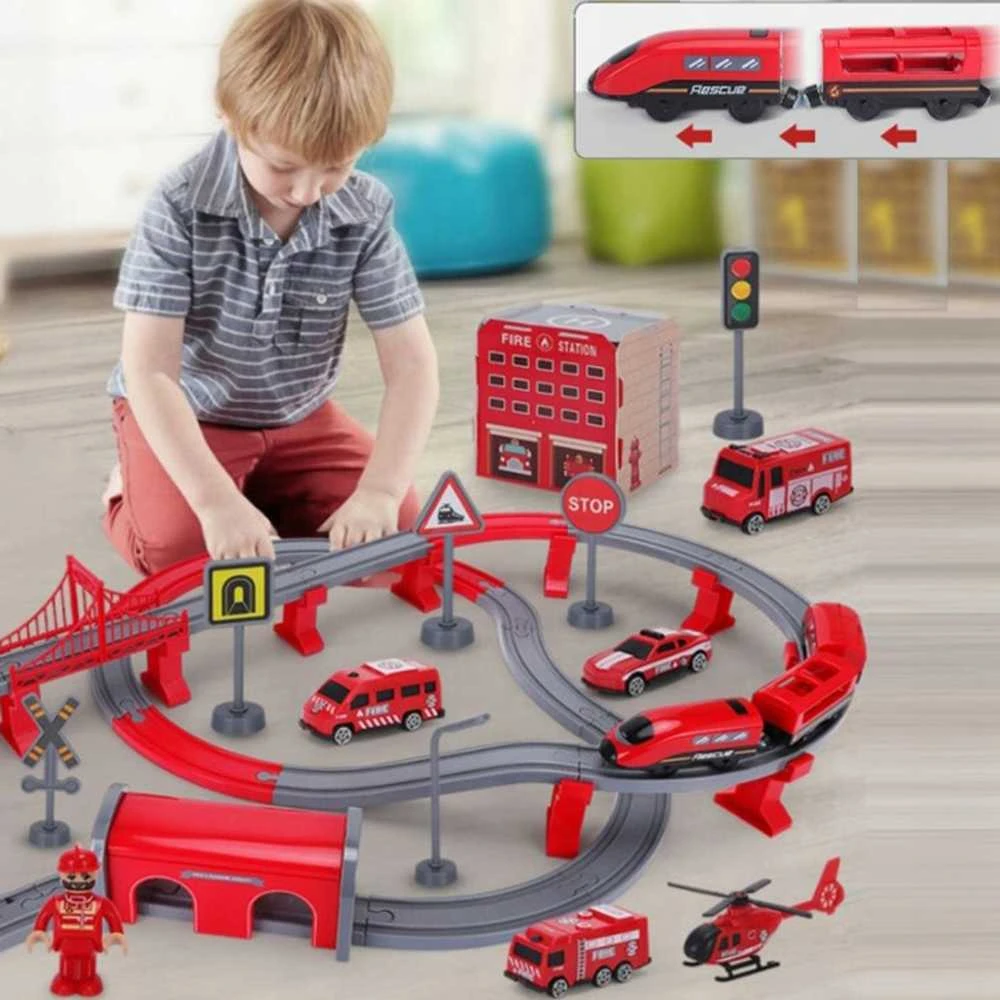 Žaislinė traukinių trasa su ugniagesių transporto priemonėmis | 92 detalės | Woopie