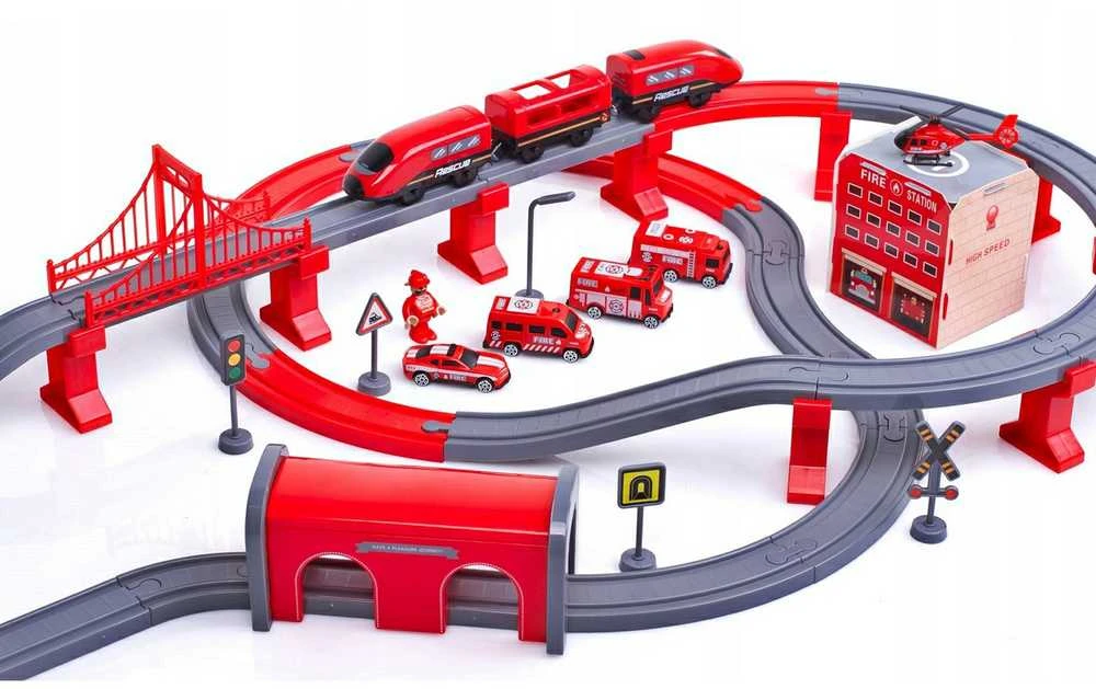 Žaislinė traukinių trasa su ugniagesių transporto priemonėmis | 92 detalės | Woopie