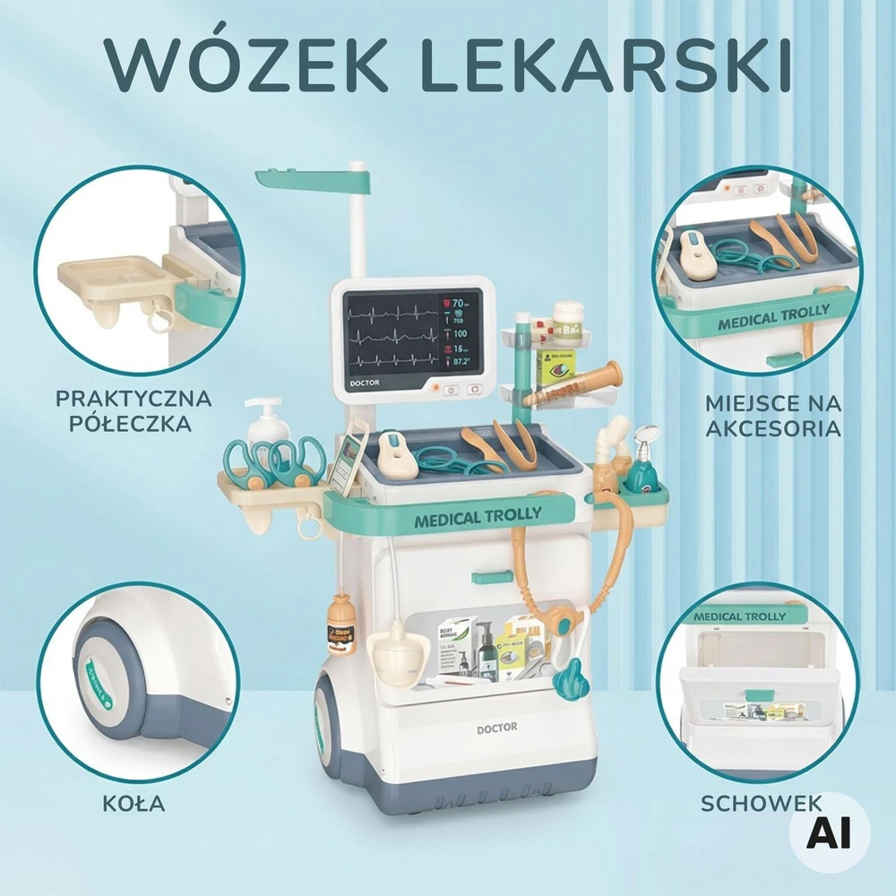WOOPIE Gydytojo vežimėlio rinkinys Mažasis daktaras EKG garsas šviesa reguliuojamas 26 vnt.