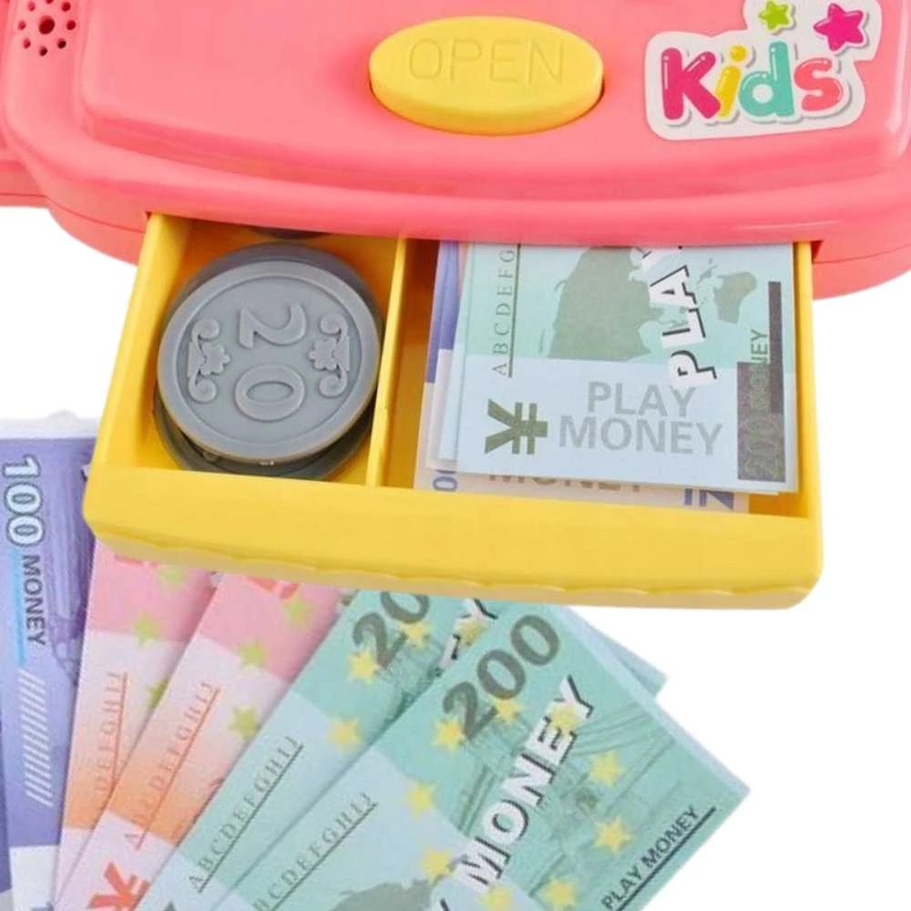 Vaikiškas kasos aparatas su lentynėle ir priedais WOOPIE rožinis