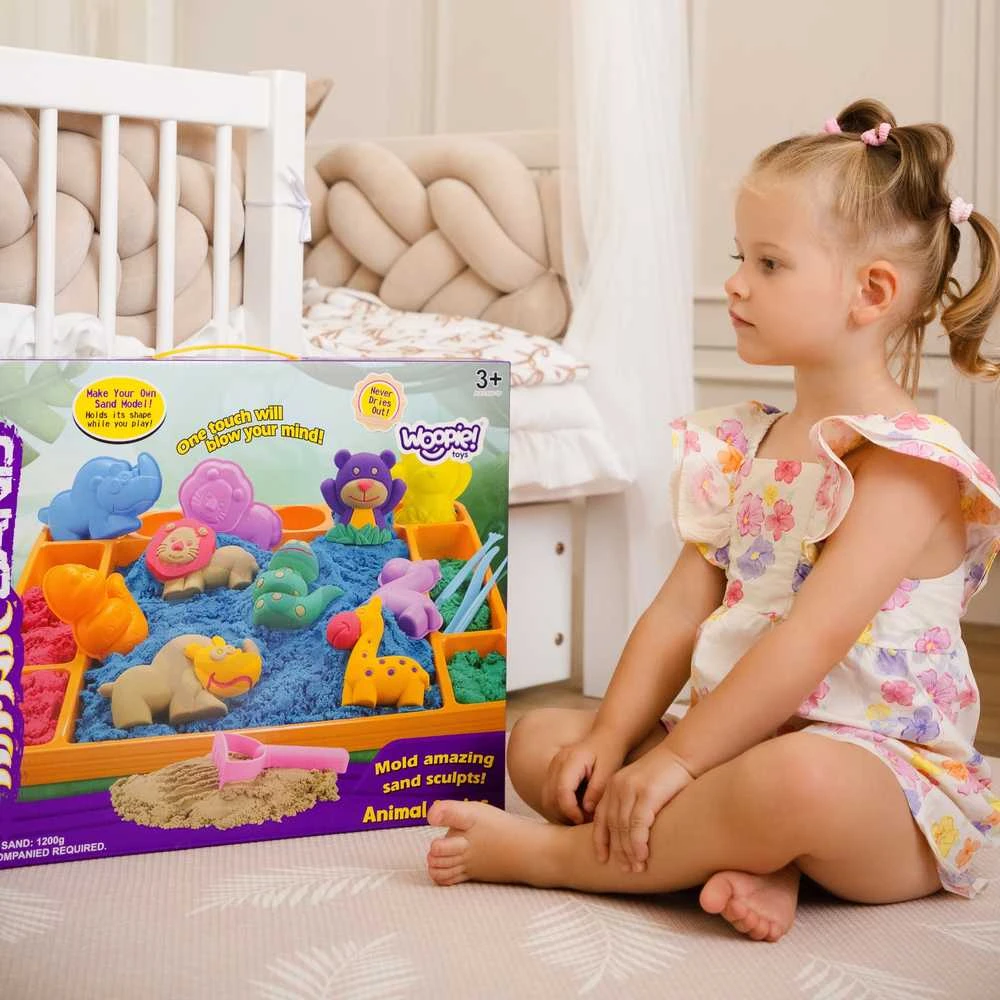 Woopie Kinetinis Smėlis 1,2kg XL ZOO Rinkinys su Stalu ir Šablonais