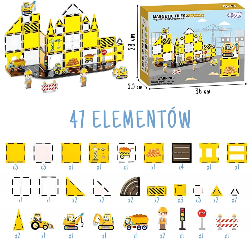 Magnetinis konstruktorius WOOPIE Statybų aikštelė STEAM 47 dalių rinkinys
