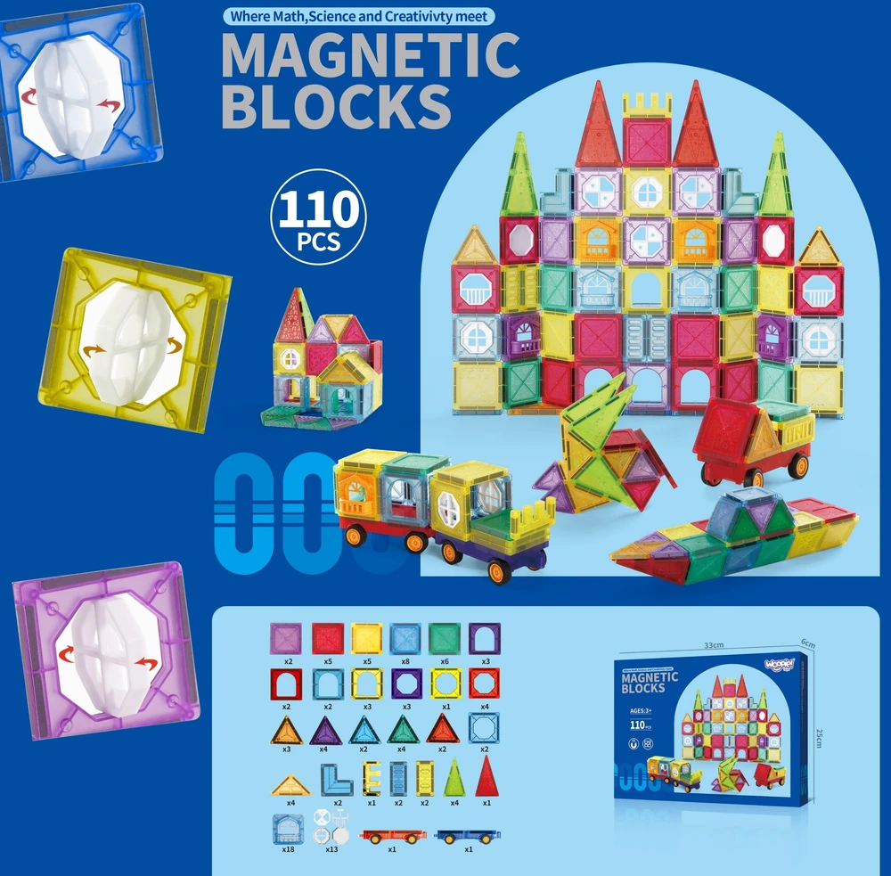 Magnetinis edukacinis konstruktorius 3D pilis ir transporto priemonės WOOPIE 110vnt