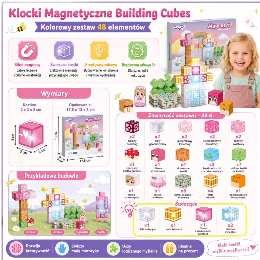 Woopie Magnetiniai kubeliai, 48 vnt. Montessori edukacinė 3D dėlionė