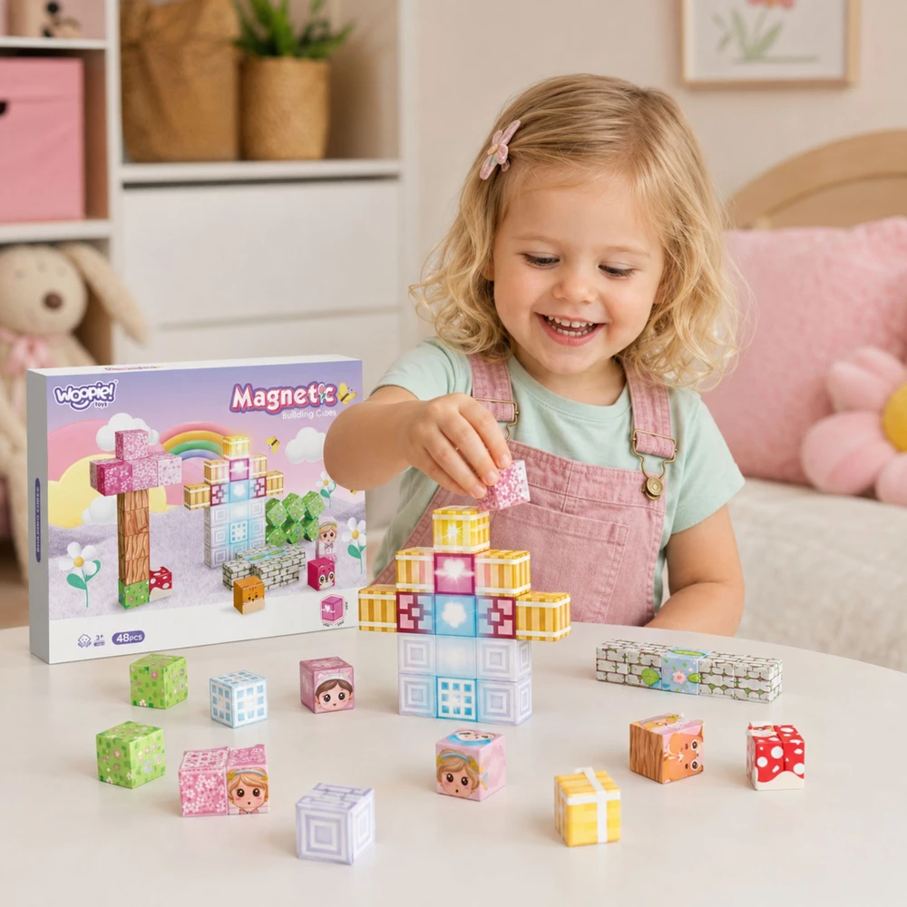 Woopie Magnetiniai kubeliai, 48 vnt. Montessori edukacinė 3D dėlionė