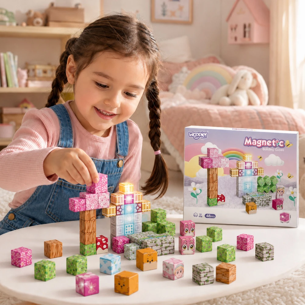 Woopie Magnetiniai kubeliai, 48 vnt. Montessori edukacinė 3D dėlionė