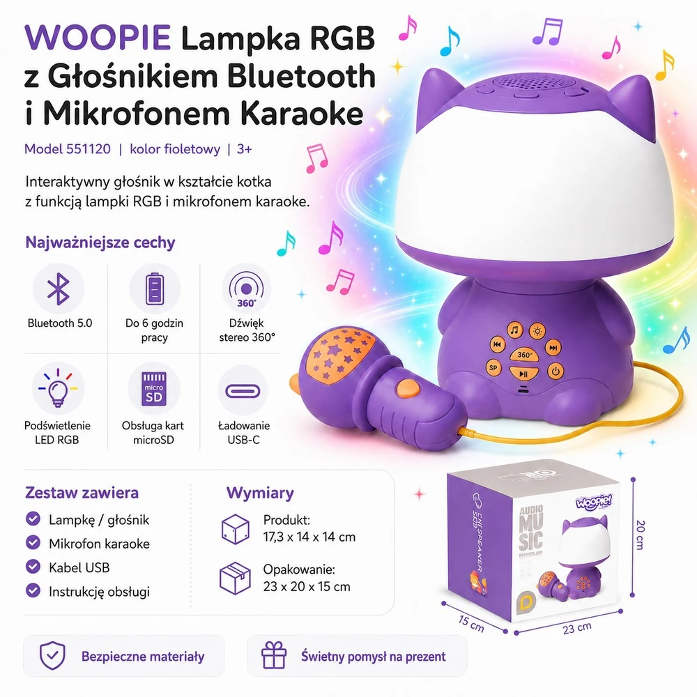 Woopie Multifunkcinė Lempa RGB Garsiakalbis Bluetooth Karaoke Moduliatorius Violetinė