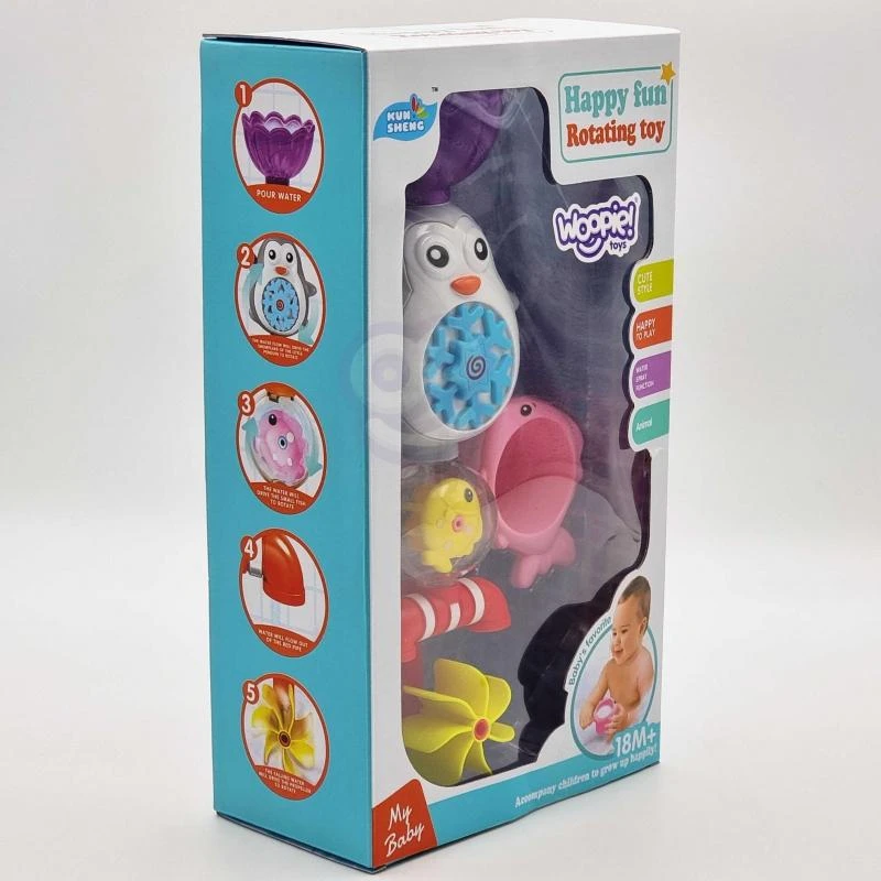 Woopie Baby „Woopie Penguin“ vandens žaislas voniai, žvejybos ritė + perpildymo taurė