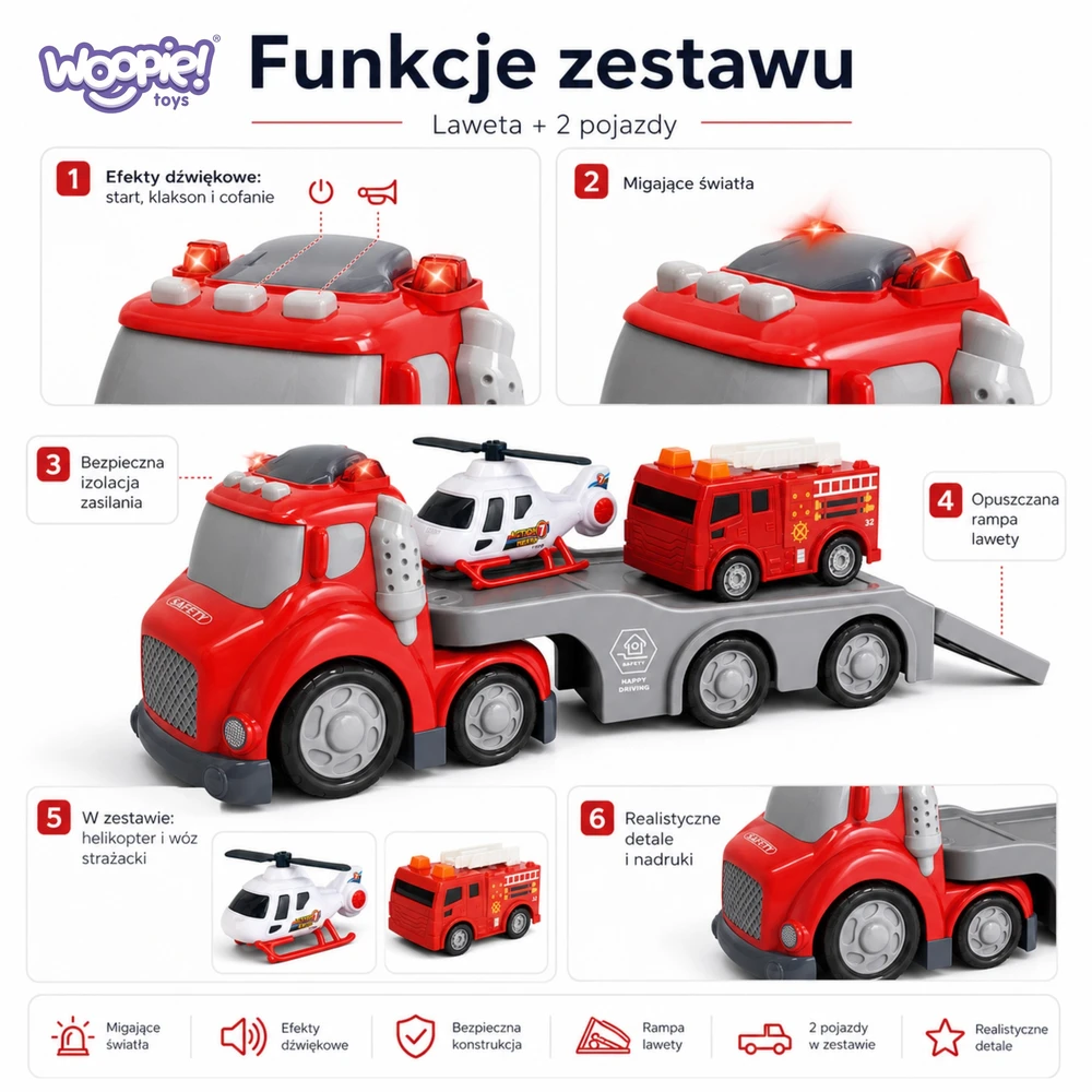 WOOPIE Gaisrinės Automobilis su Priekaba Raudonas, Garso ir Šviesos Efektai