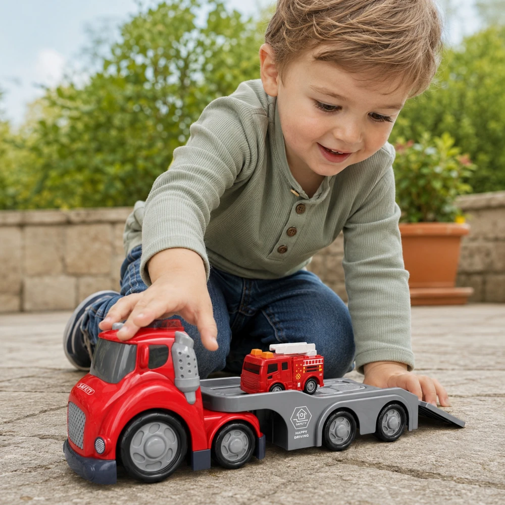 WOOPIE Gaisrinės Automobilis su Priekaba Raudonas, Garso ir Šviesos Efektai