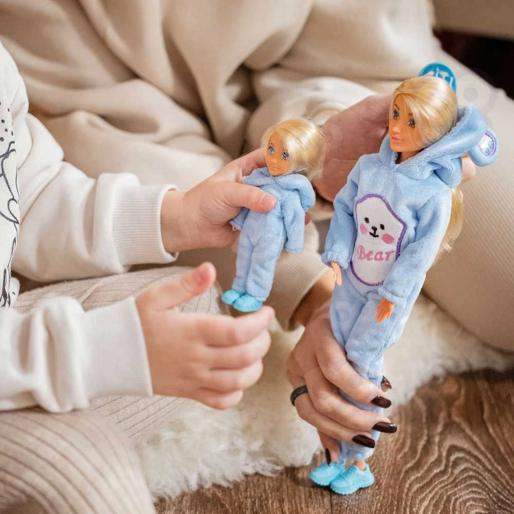 Lėlių rinkinys su mėlynais meškučių kombinezonais WOOPIE ROYAL