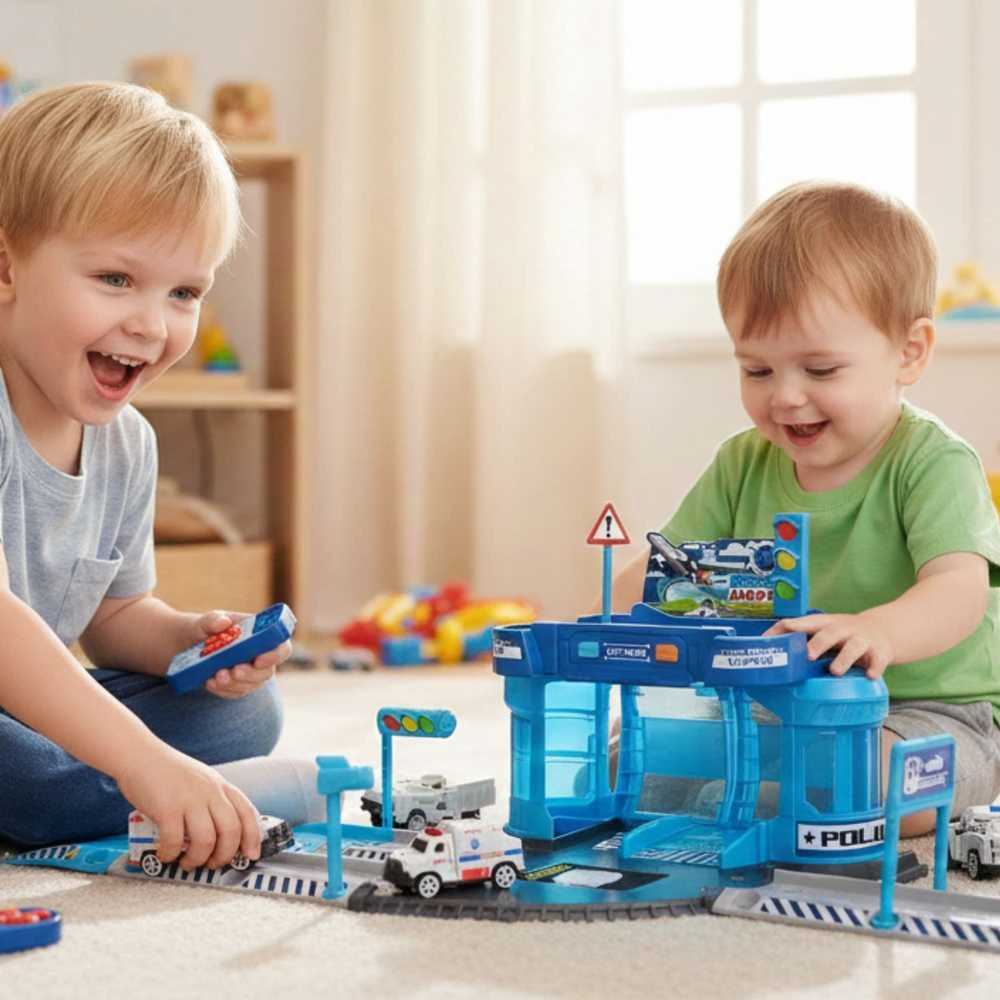 Automobilių stovėjimo aikštelės rinkinys WOOPIE su automobiliais ir sraigtasparnio aikštele