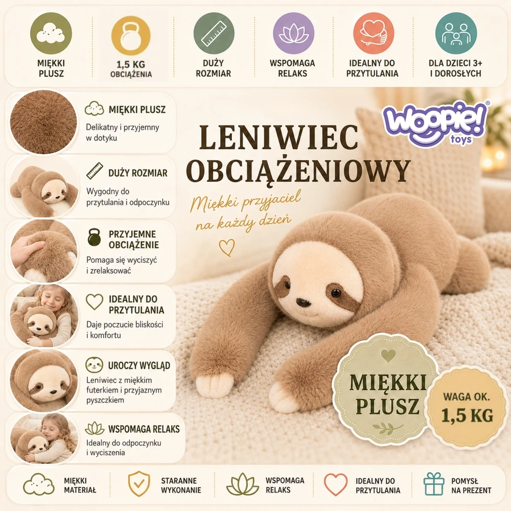 WOOPIE svertinis pliušinis Tinginys 65cm 1500g
