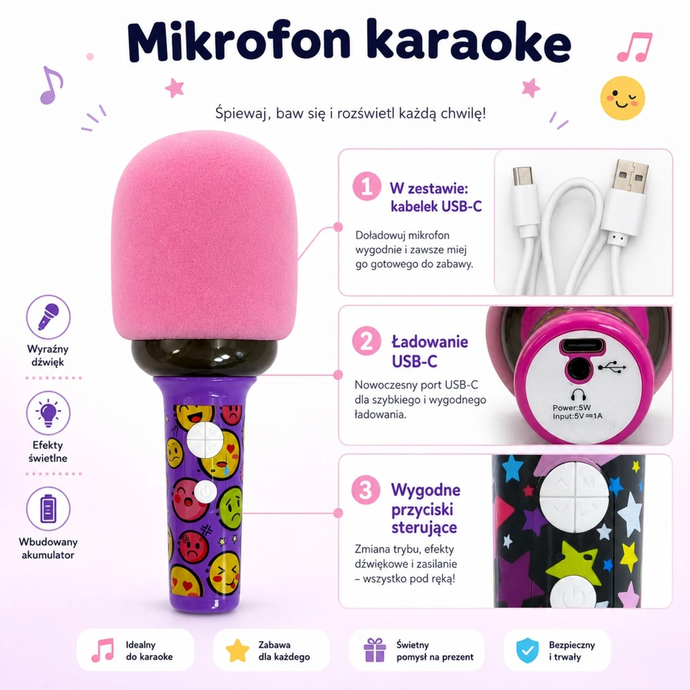 WOOPIE belaidis karaoke mikrofonas su garsiakalbiu, rožinis