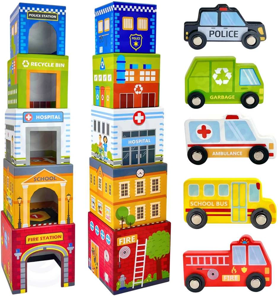 WOOPIE Žalias Puzzle Cubes City Vehicles in Boxes + Figures 10 pcs.