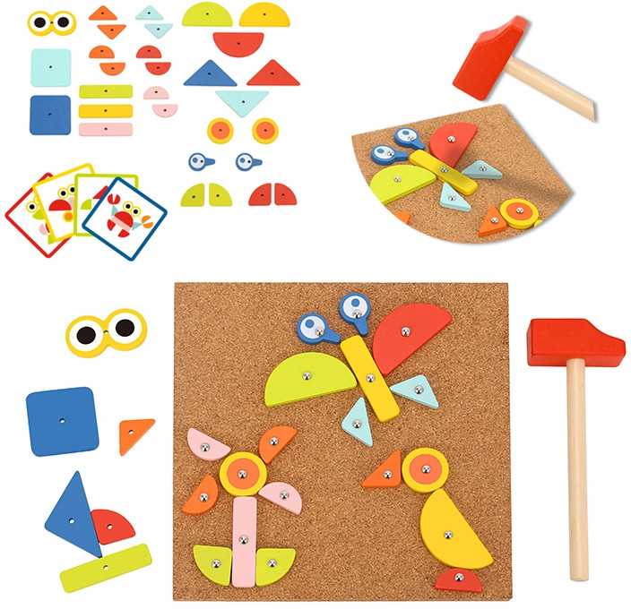 WOOPIE Žalias Wooden Nailing Hammer Puzzle 20 Patterns 82 Pieces FSC Certified